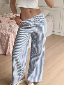 CovetEZ Women's Letter Printed Striped Wide Leg Loose Pants - Blue - View 4