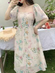 DAZY 法式碎花连衣裙，浪漫复古风夏季吊带裙，波西米亚度假装扮，女士 - 白色 - 查看 3