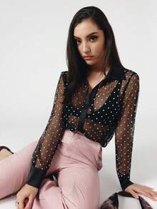OverBlushhh Women's Black Sheer Polka Dot Blouse Long Sleeve Button Down Shirt Satin Collar Cuff Elegant See Trough Blouse Chic Office Work Date Night Party Top, Spring, Summer - Black - View 7
