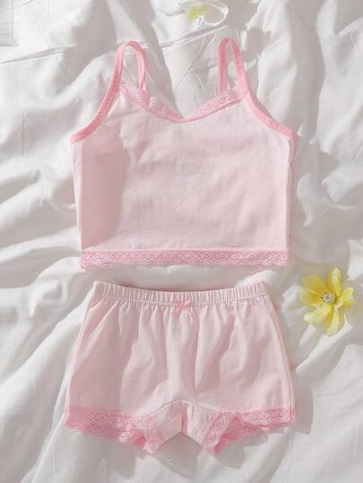 2 piezas Conjunto de ropa interior cómoda y linda de algodón orgánico con parches de encaje rosa para niñas pequeñas