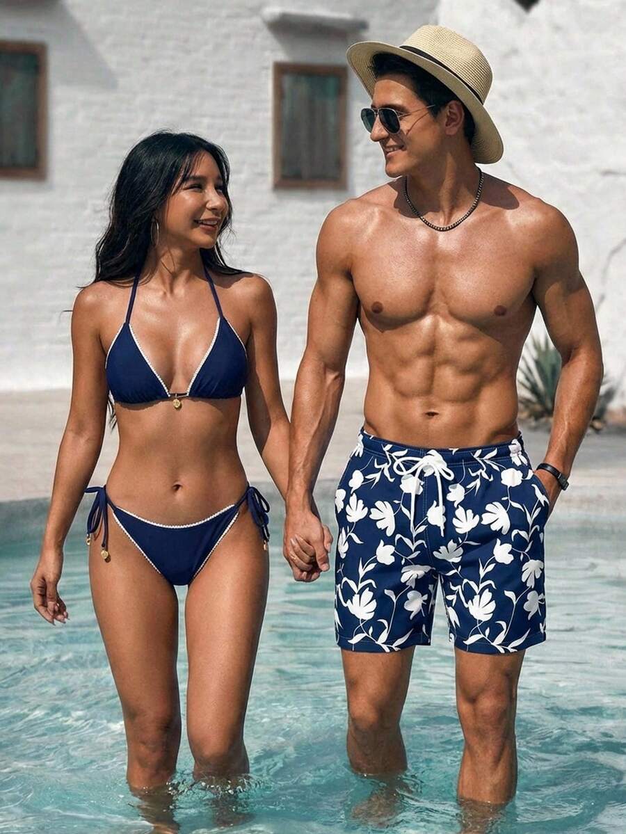 Horizaway 男士植物印花抽绳腰带口袋沙滩短裤 男士配套泳裤 男士泳裤 男士沙滩装 男士泳裤短裤 男士夏威夷风泳裤 男士花卉泳裤 男士夏威夷风短裤 男士泳裤 情侣配套泳装 情侣泳衣套装 情侣泳装套装 - 藍色 - 查看 1