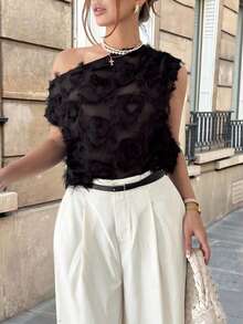 Rafferiza 女士不对称肩部无袖时尚上衣，提花面料，夏季上衣，度假必备，黑色上衣，休闲通勤装，商务办公装，百搭时尚日常休闲装，都市教师职业装 - 黑色 - 查看 1