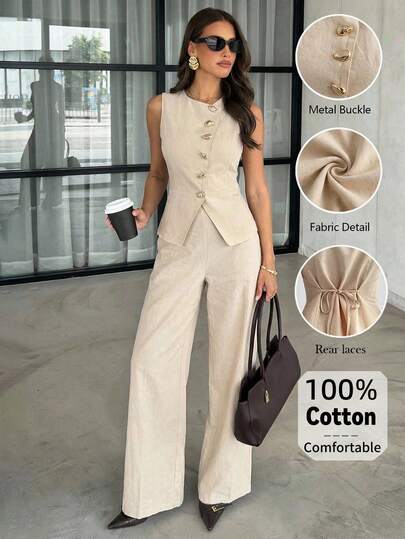 Firerie Khaki Asymmetric Lapel Sleeveless Tie-Back Waist Vest Top And Elastic Waist Pants Set, Elegant Commuter Women's Suit, Comfortable Vacation Set, Asymmetric Collar Top Set, Khaki Set, Pants Set, Spring/Summer/Autumn Clothing, Elegant, Commuter, Casual, Daily, Minimalist, Vacation, Work Outfit