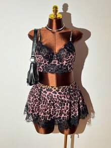 Bare Chapter 3pcs Women's Sexy Lace Patchwork Leopard Print Contrast Color Lingerie Set - Multicolor - View 6