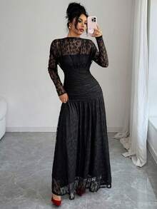 Elenzga Women's Autumn/Winter Lace Ruched Bodycon Dress, Versatile For Outings, Date Nights, Theme Parties, Celebrations - Black - View 3