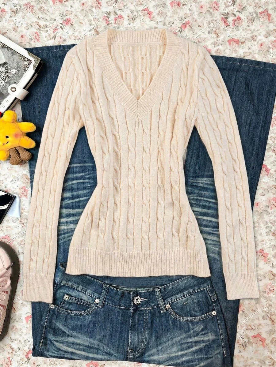 Glimmora Grey Slim Fit V-Neck Cable Knit Top - Apricot - View 1