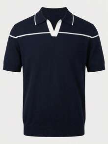 Manfinity Mode Top tricoté à manches courtes avec couleurs contrastées, polyvalent pour les déplacements quotidiens - bleu indigo - Voir 1