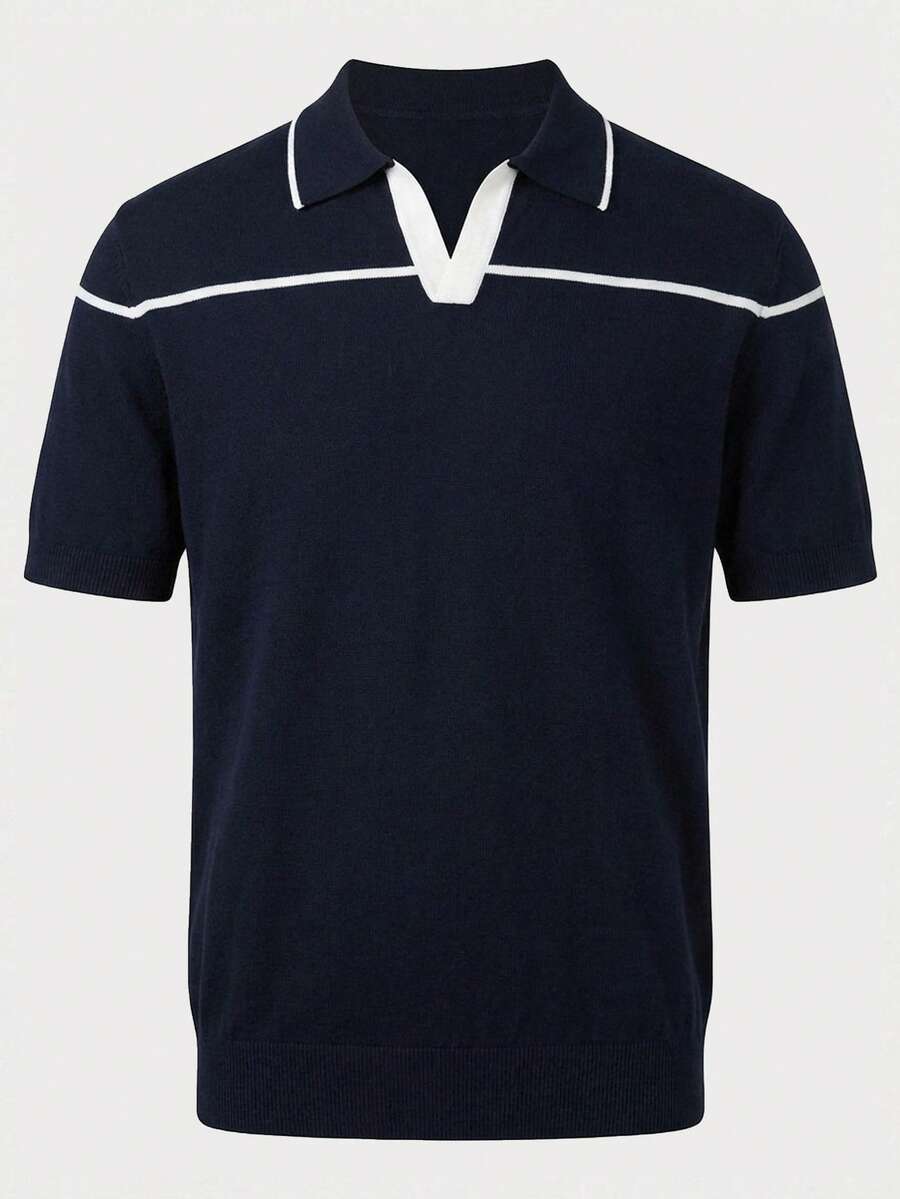 Manfinity Mode Top tricoté à manches courtes avec couleurs contrastées, polyvalent pour les déplacements quotidiens - bleu indigo - Voir 1