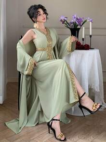 DAZY Women's Elegant Contrast Color Sequin Patchwork Robe & Robe Two Pieces Set, Spring/Summer - Green - View 3