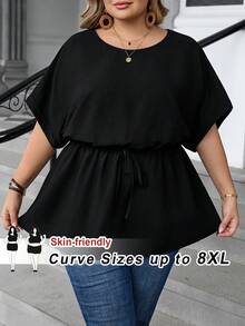 SHEIN CURVE+ 大码圆领蝙蝠袖休闲纯色衬衫，骄傲生活，LGBTQ女同性恋骄傲，女性骄傲，彩虹骄傲礼物，骄傲月可打印，女士夏季上衣，夏季上衣，度假女士，外出上衣，乡村音乐会，可爱夏季上衣/2026/新年 - 黑色 - 查看 4