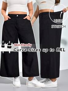 SHEIN CURVE+ Plus Size Casual Versatile Solid Color Wide Leg Jeans Spring To Summer Carnival Costume Commuting Vacation Graduation Chic Y2k Cute Streetwear Party Wedding Elegant Business Casual Woman Plus Size Women's Black Denim Wide Leg Jeans Skin-Friendly Up To 8XL - Black - View 7