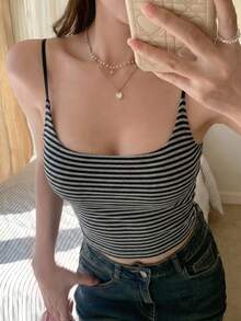 DAZY 夏季女士休闲条纹吊带背心 - 黑與白 - 查看 5