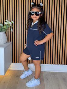 DAZY Young Girls V-Neck Korean Style Short Sleeve Shirt And Shorts 2 Pieces Set - Blue - View 5