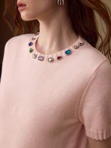 MOTF PREMIUM WOMEN'S RHINESTONE EMBELLISHED SHORT SLEEVE KNIT TOP - Pink - View 2