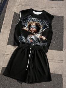 Manfinity EMRG Conjunto de camiseta de tirantes con estampado de ángel y letras, y pantalones cortos con cordón en la cintura para hombre - Multicolor - Ver 1