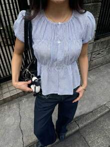 Aloruh Blusa casual versátil de uso diario con pliegues a rayas para mujer, camisa a rayas azul y blanca, apta para Pascua, Carnaval, negocios, oficina, salir, maestros, elegante - Azul y blanco - Ver 3