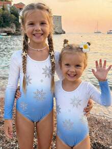 SHEIN Emery Rose Kids Young Girl Casual Beach Vacation Long Sleeve Swimsuit, Ombre Style, Snowflake Print, Gymnastics Style, Cute - Blue and White - View 1