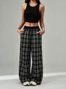 SHEIN PETITE Women's Casual Loose Checked Wide Leg Pants - Black and White - View 3