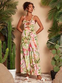 Travachic Women's Tropical Plant Print Casual Everyday Jumpsuit,Tropical,Bohemia,Werstern,Tropical Parrot Pattern,Suitable For Summer Vacation,Beach Outfits For Women - Multicolor - View 5