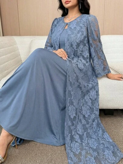 Modelyn Plus Size Women Floral Mesh Robe And Camisole Dress Elegant 2 Pieces Set Modest Dress