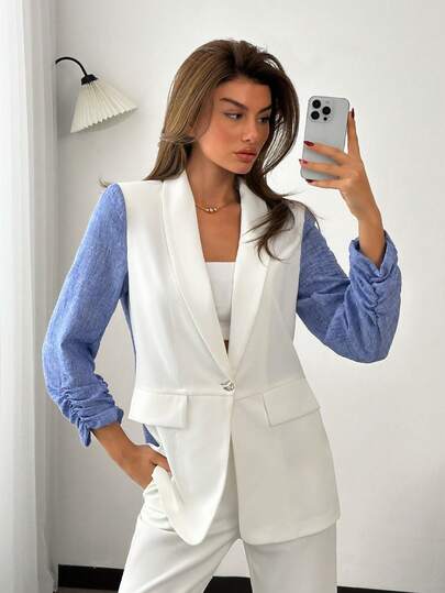 EURMUSE Women's Color Block Single Button Casual Versatile Commute Long Sleeve Blazer