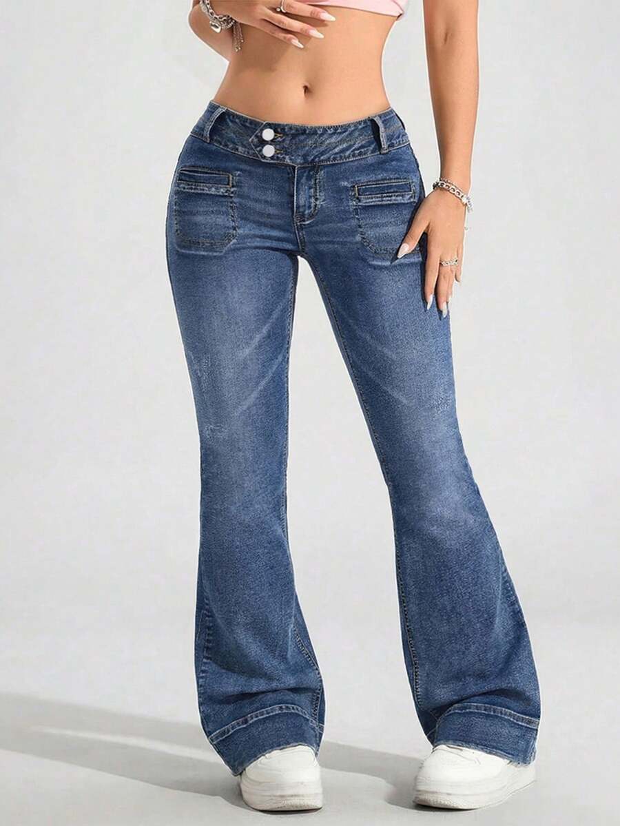 SHEIN 女士时尚休闲哥特暗黑风弹力低腰喇叭牛仔裤 - 深色水洗藍 - 查看 1