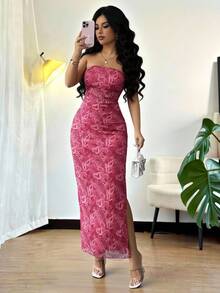 Rafferiza Đầm dự tiệc không dây vai, xẻ tà, chất liệu lưới, xếp ly, in họa tiết tie-dye, thắt eo, thanh lịch dành cho nữ. - Màu Hồng Tươi - Xem 2