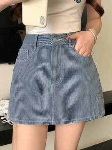 DAZY Falda vaquera recta y corta de rayas casuales para mujer, de verano - Azul lavado medio - Ver 8