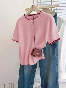 Franclia Top tricoté à manches courtes, col rond, style rétro français, coupe ample, blocs de couleurs, pour femmes, printemps/automne - Rose bonbon - Voir 3