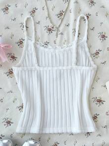 少女白色罗纹针织纹理可爱百搭蕾丝边吊带背心 - 白色 - 查看 2