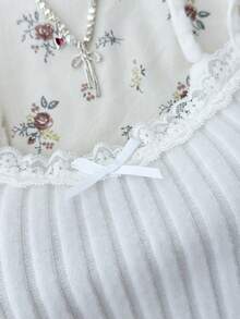 少女白色罗纹针织纹理可爱百搭蕾丝边吊带背心 - 白色 - 查看 6