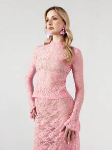 OverBlushhh 女士粉色水钻蕾丝长袖中长连衣裙，高领露背闪亮薄纱优雅派对俱乐部婚礼宾客春夏装 - 粉色 - 查看 5