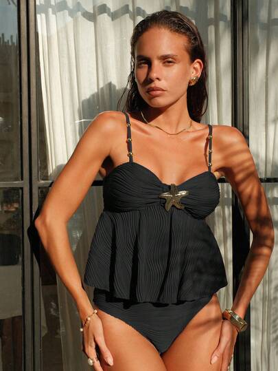 Swim Chiccia Women's Summer Spaghetti Strap Starfish Decor Golden Beaded Elegant Camisole Bikini Top