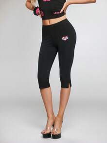 THE POWERPUFF GIRLS X SHEIN 女士字母印花休闲百搭日常打底裤 - 黑色 - 查看 5