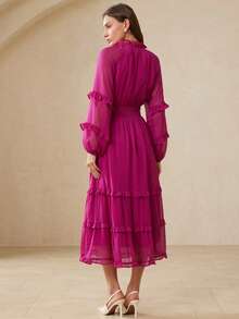 Aveloria Rosie Đầm chiffon màu trơn kiểu Pháp thanh lịch dành cho nữ, thiết kế nhiều lớp bèo nhún, thắt eo và xòe rộng. - Màu Hồng Tươi - Xem 6