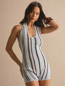 MUSERA Knit Stripe Tie Neck Jumpsuit Spring Summer Cosy Cute Daily Girly Vacation Sunlight Social - Multicolor - View 2