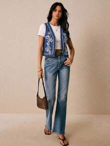 Poéselle Áo denim nữ, Áo khoác denim thêu kiểu dáng mùa hè thường ngày phong cách nghỉ dưỡng miền Tây, Áo denim xanh dương, Áo mùa hè, Áo dự tiệc, Áo đi nghỉ mát, Áo nữ - Rửa trung bình - Xem 3