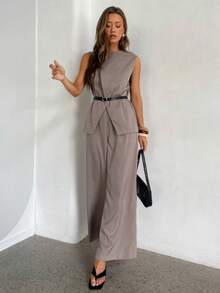 Aloruh Bộ đồ nữ thanh lịch cổ tròn không tay ôm sát, thích hợp đi làm, đi du thuyền, làm việc tại nhà, bộ đồ công sở cho nữ, quần áo công sở cho nữ, trang phục công sở cho nữ. - Màu Khaki - Xem 4