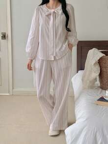 DAZY 2pcs Elegant Tie Bow Collar Striped Women Pajama Set, Autumn - Baby Pink - View 8