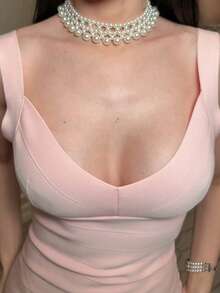hhfernanda Gaun Mini Tanpa Lengan dengan Tali Bahu Tipis Warna Polos yang Seksi, Gaun Pesta Bodycon untuk Liburan Wanita - Baby Pink - View 3
