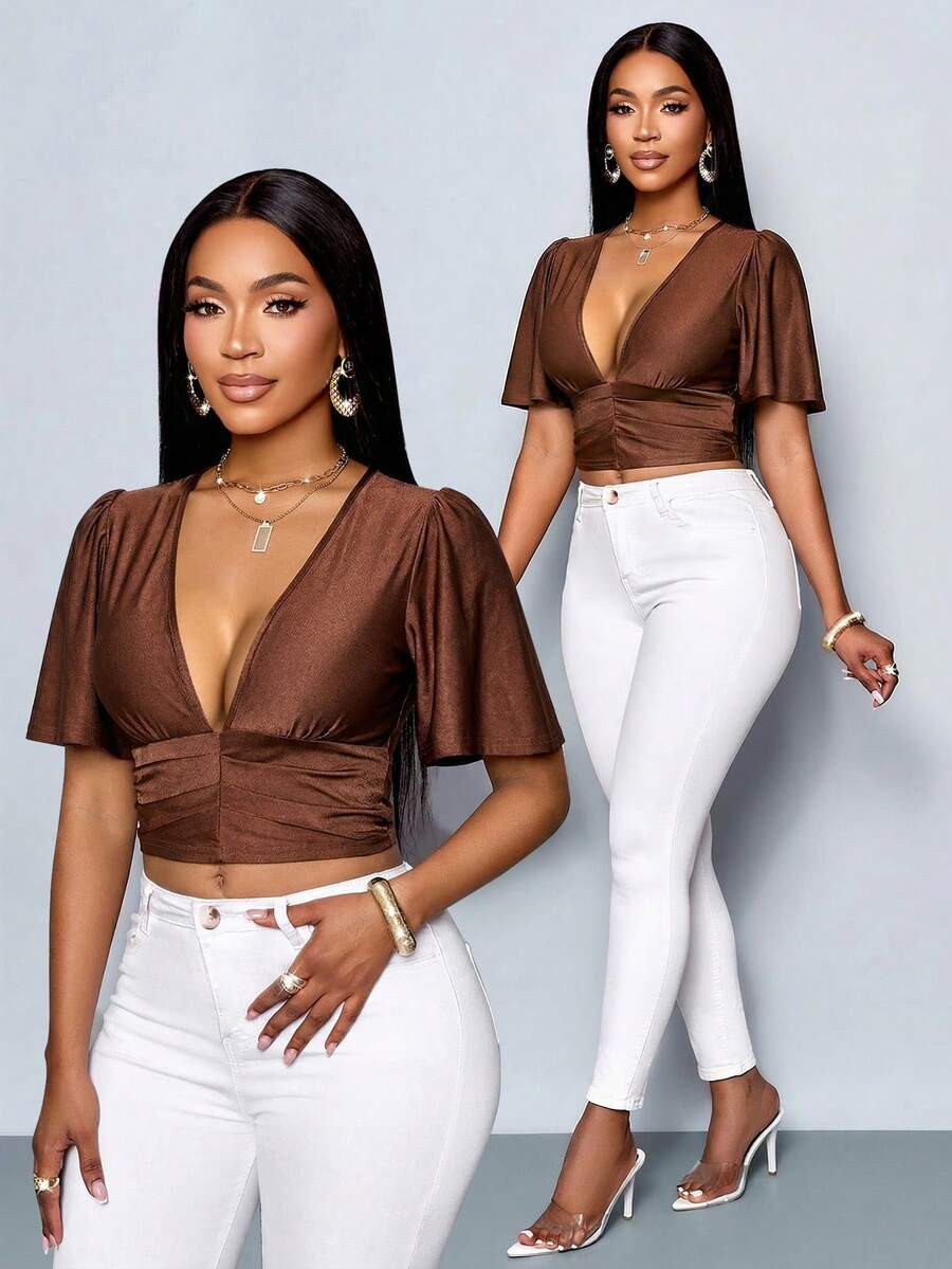 SOLERSUN 性感优雅的短袖修身棕色T恤，通勤和度假皆宜 - 春夏女装 - 咖啡棕 - 查看 1