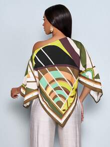 SOLERSUN 女士春夏休闲优雅杏色印花不对称领口不对称下摆衬衫，露肩开衩袖设计，宽松时尚。几何花卉印花蝙蝠袖，全新百搭款式。适合春夏穿着，日常通勤及外出活动皆宜。 - 軍綠色 - 查看 2