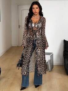 Coolane Women's Fall/All-Season Rave Renaissance Fair Hippie Music Festival Gyaru Mesh Straps Ruffle Ribbon Long Coat /Cover Up - Apricot - View 5