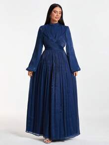 EURMUSE Elegant Navy Blue Middle Eastern Maxi Dress With Pleated Skirt And Wrap Front – Modest, Long Sleeve - Navy Blue - View 2