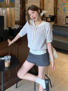DAZY 女士撞色爱心系带短袖针织上衣，甜美风格，夏季百搭 - 杏色 - 查看 6