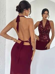 Firerie 女士优雅超长亮片连衣裙 - 酒紅色 - 查看 7