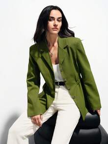 Aveloria Modichic Fashionable Commuter Versatile Daily Wear Faux Linen Elegant Waist Cinched Long Sleeve Blazer - Green - View 2