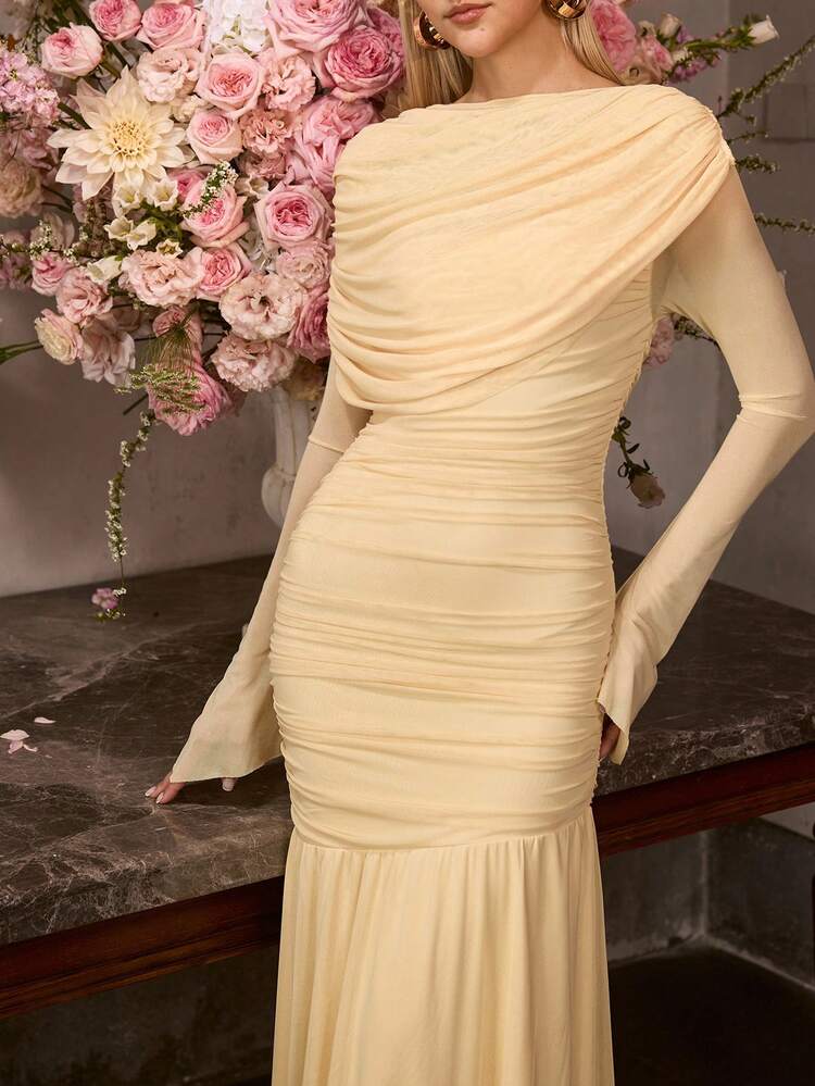 MOTF Soiréza ELEGANT PALE YELLOW LONG SLEEVE LANTERN SLEEVE MAXI PARTY GOWN FOR WOMEN, WITH ASYMMETRIC RUCHED DETAILING ON BODICE & BACK, FOR VALENTINE'S DAY, EVENING GALAS, FORMAL PARTIES, CELEBRATIONS & CHIC