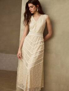 MOTF PREMIUM SUMMER CONTRAST LACE V-NECK DRESS, ELEGANT HIGH-END CINCHED WAIST LUXURY FASHION LACE DRESS FOR WOMEN - Apricot - View 1