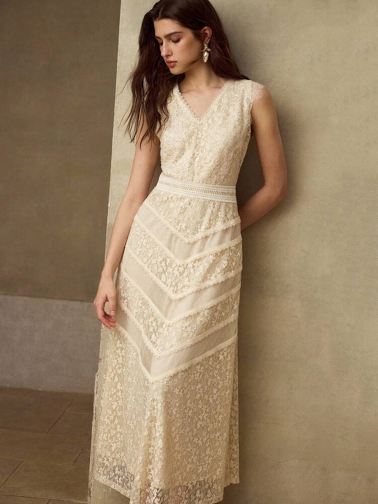 SUMMER CONTRAST LACE V-NECK DRESS, ELEGANT HIGH-END CINCHED WAIST LUXURY FASHION LACE DRESS FOR WOMEN